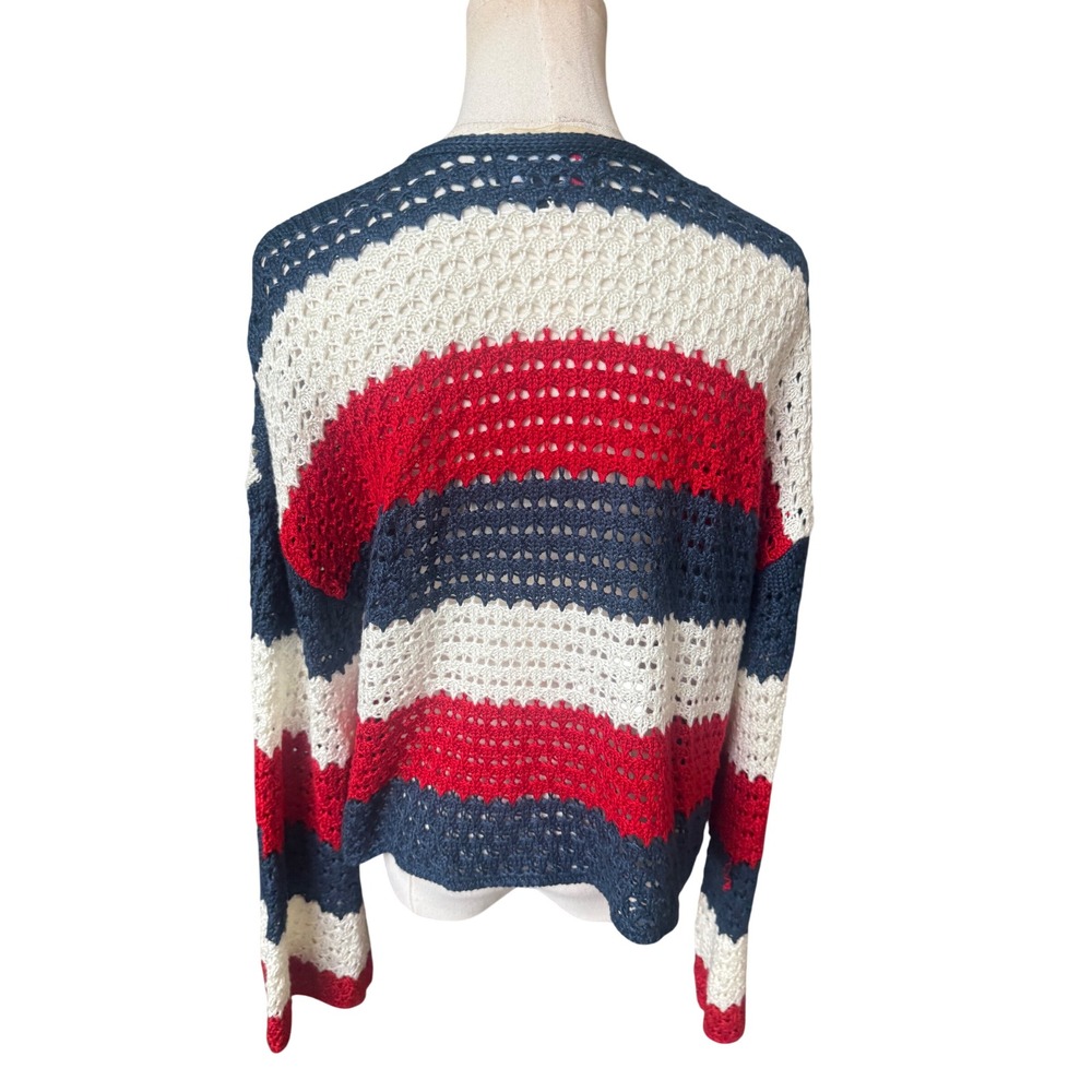 Crochet‎ Fourth of July Open Knit Cardigan Sweater XL Red White Blue Striped - Picture 8 of 11